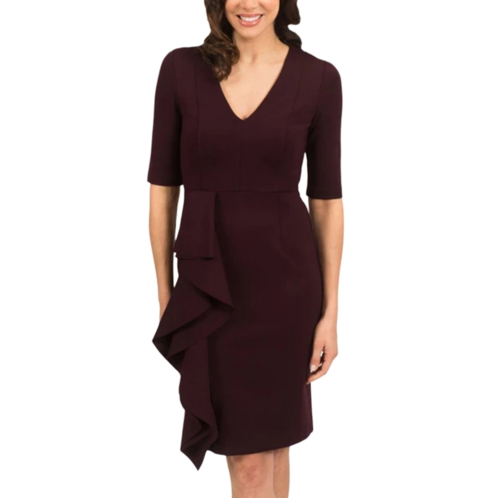 Scapa Lauren Perre Plum V-Neck Ruffle Side Sheath Dress Elbow Sleeve Deep Purple